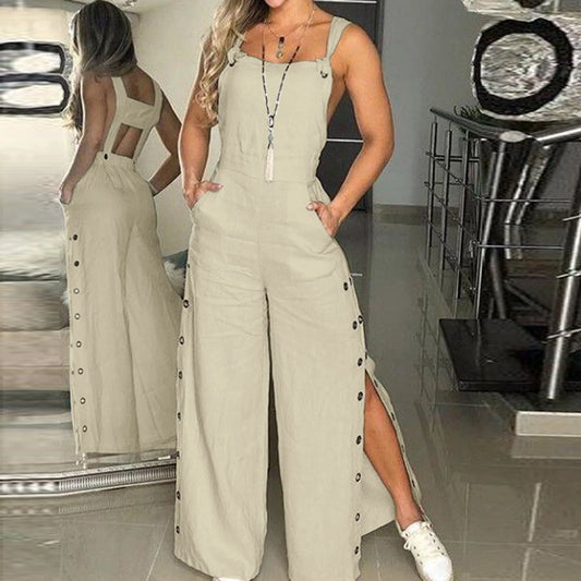 TAMBREET Women's Summer Fashion Sleeveless Suspenders Jumpsuit Rompers Ladies Solid Cotton Linen Wide Leg Button Openings Long Trousers