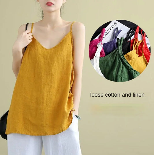 TAMBREET Women's Summer Top Cotton Linen Spaghetti Strap Top Women Halter V Neck Basic Yellow Sleeveless Tank Tops Loose Casual Camis