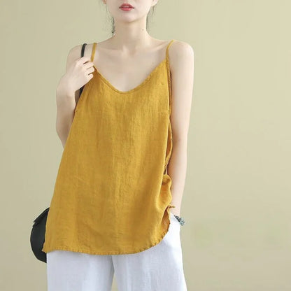 TAMBREET Women's Summer Top Cotton Linen Spaghetti Strap Top Women Halter V Neck Basic Yellow Sleeveless Tank Tops Loose Casual Camis