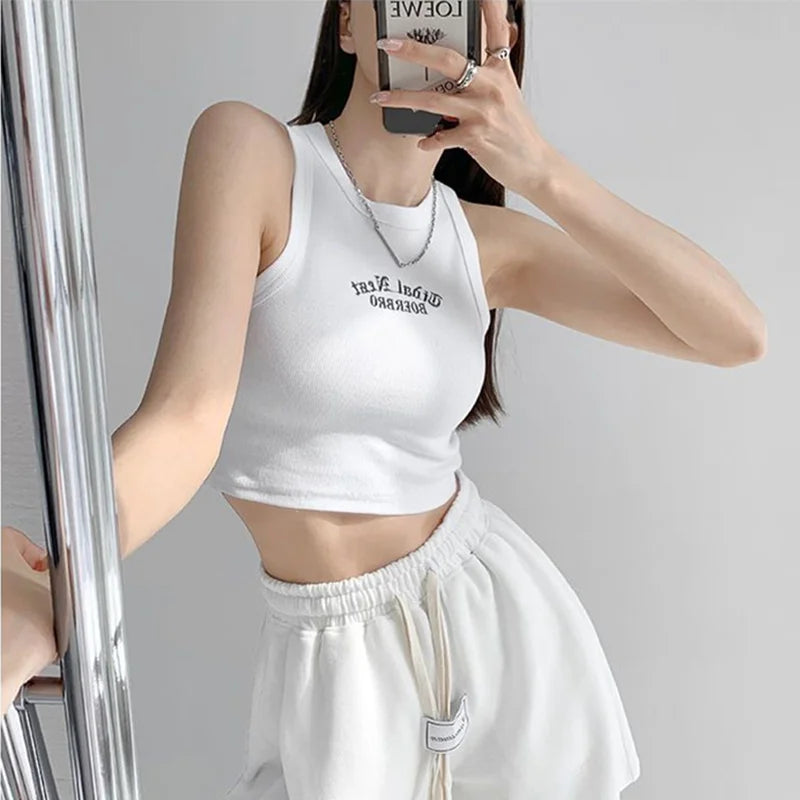 TAMBREET Women's Tank Top Ribbed Knitted Embroidery Letter Vest Female Summer Clothing Crop top White Black Casual Short Tight Sport Tops