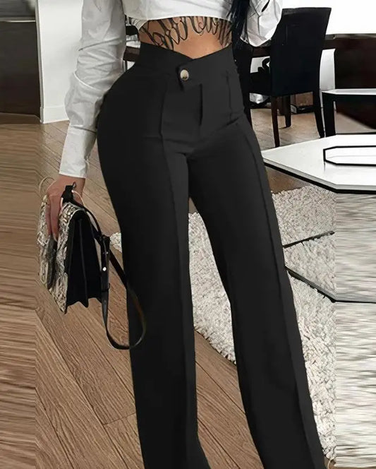 TAMBREET Women's Urban Elegant Trousers 2024 Spring Summer Latest Button Straight Legal Work Pants Casual High Waist Versatile Long Pants