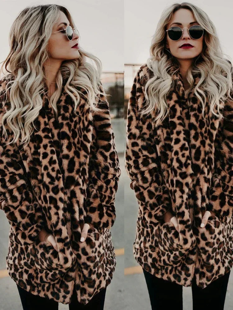 TAMBREET Women's Warm Faux Fur Jackets Coat Leopard Leisure Women Winter Shaggy Fur  Jackets Thick Fluffy Luxury Bontjas Outerwear 2024