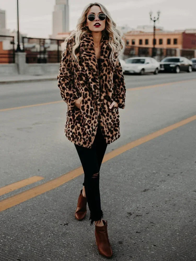 TAMBREET Women's Warm Faux Fur Jackets Coat Leopard Leisure Women Winter Shaggy Fur  Jackets Thick Fluffy Luxury Bontjas Outerwear 2024