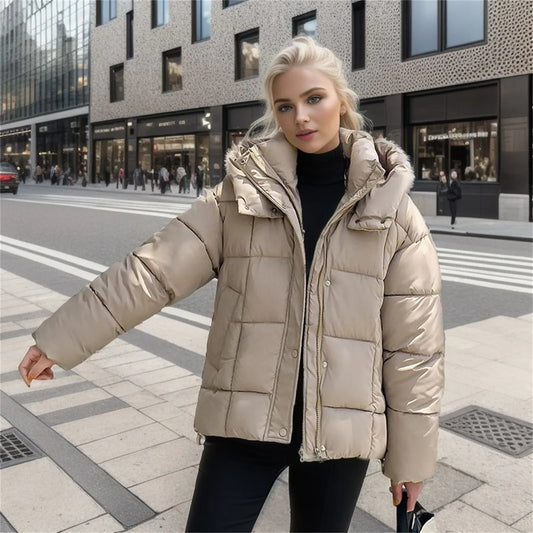 TAMBREET Women's Winter Cotton padded Hooded Jacket Solid Color Female Clothes Winter down Jacket Student Puffer Jackets Stand Collar