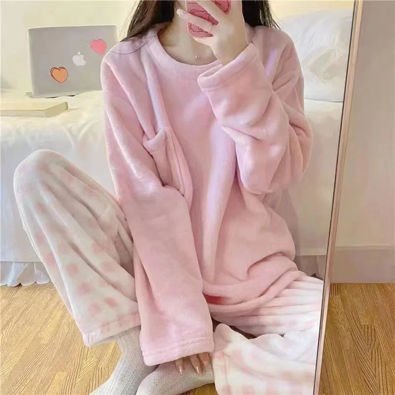 TAMBREET Women's Winter Pajamas Set Fleece Casual Solid Top Thick Warm Sleepwear and Plaid Pants Soft Pijamas Set for Women Home Suit