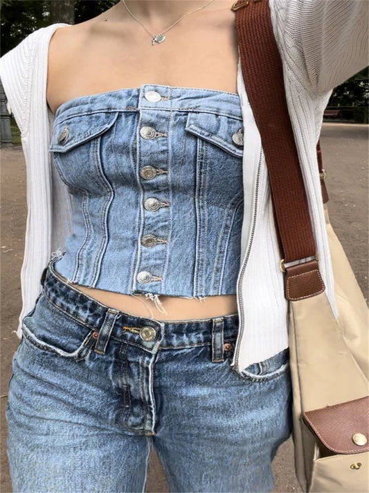 TAMBREET Women's Y2k Denim Tube Top Solid Color Strapless Wrap Chest Vest Summer Off Shoulder Button Tank Top 90s Vintage Streetwear