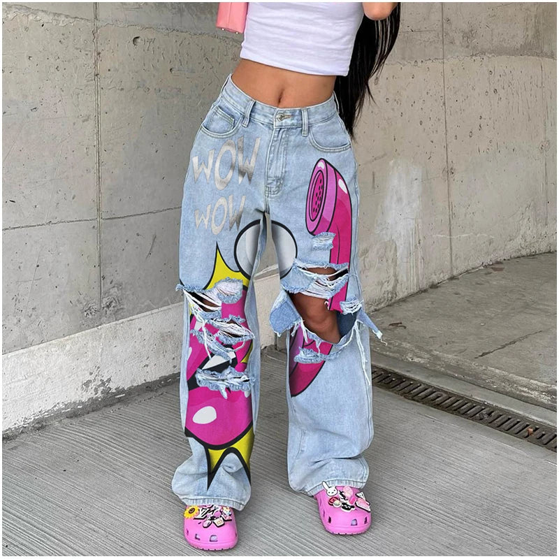 TAMBREET Women's jeans long high waist ripped printing thick edge European and American wide-leg pants trend Y2K personalized jeans