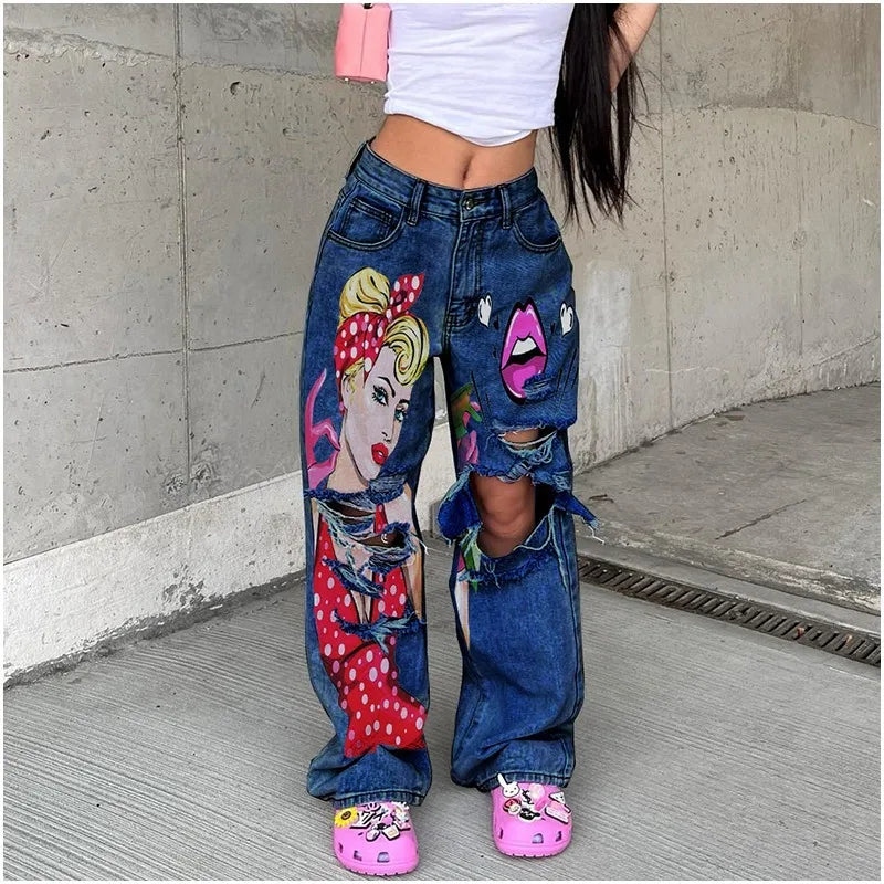 TAMBREET Women's jeans long high waist ripped printing thick edge European and American wide-leg pants trend Y2K personalized jeans