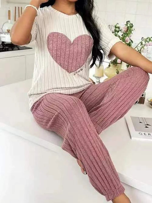 TAMBREET Women's new style pajamas set heart pattern short sleeve shirt trousers two-piece simple and lovely casual home wear