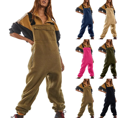 TAMBREET Womens Fleece Overalls One-piece Bibs Jumpsuits Adjustable Suspender Straps Warm Winter Fuzzy Ski Pants