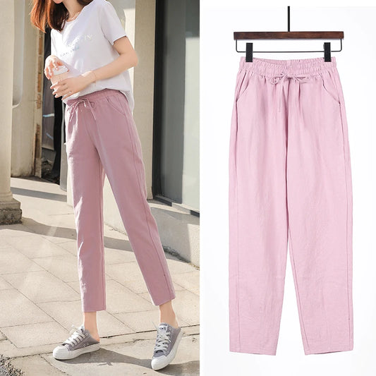 TAMBREET Womens Spring Summer Pants Cotton Linen Solid Elastic waist Candy Colors Harem Trousers Casual Female Pants