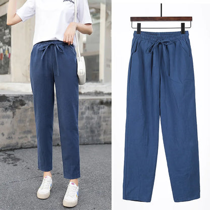 TAMBREET Womens Spring Summer Pants Cotton Linen Solid Elastic waist Candy Colors Harem Trousers Casual Female Pants