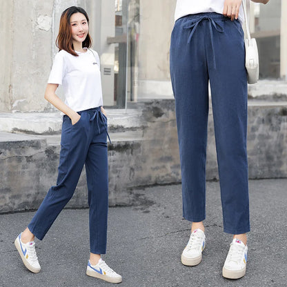 TAMBREET Womens Spring Summer Pants Cotton Linen Solid Elastic waist Candy Colors Harem Trousers Casual Female Pants