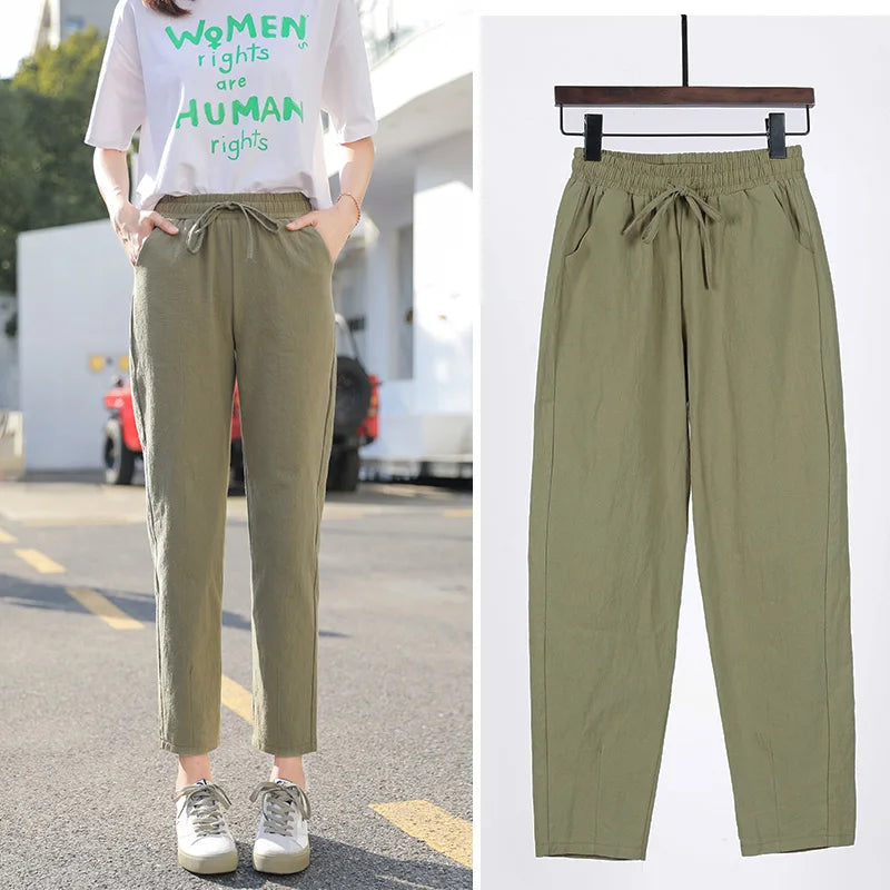 TAMBREET Womens Spring Summer Pants Cotton Linen Solid Elastic waist Candy Colors Harem Trousers Casual Female Pants