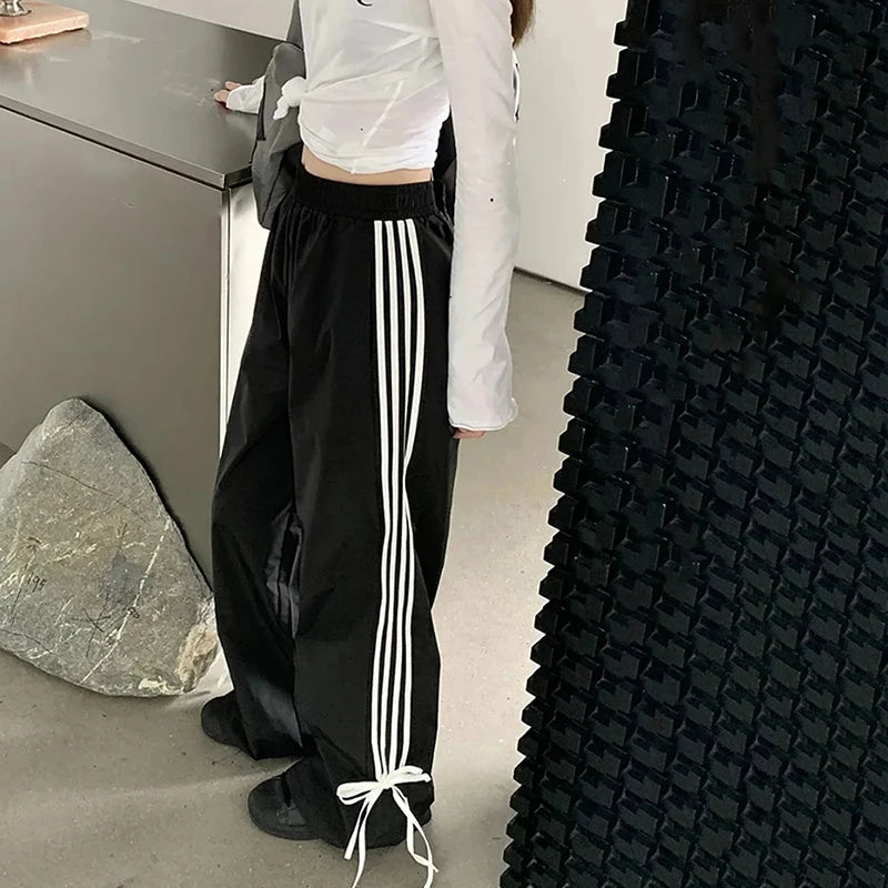 TAMBREET Womens Stripe Wide Leg Pants 2024 Spring Summer Lace Up Bow Y2k Casual High Waist Female Trouser Sweatpants