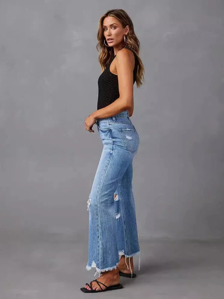 TAMBREET XIZOU Blue Jeans for Women Summer 2024 Fashion Washed Ripped High Waisted Wide Leg Pants Streetwear y2k Baggy Pants