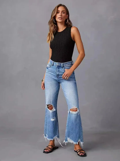 TAMBREET XIZOU Blue Jeans for Women Summer 2024 Fashion Washed Ripped High Waisted Wide Leg Pants Streetwear y2k Baggy Pants