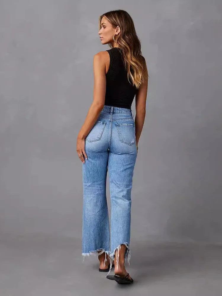 TAMBREET XIZOU Blue Jeans for Women Summer 2024 Fashion Washed Ripped High Waisted Wide Leg Pants Streetwear y2k Baggy Pants