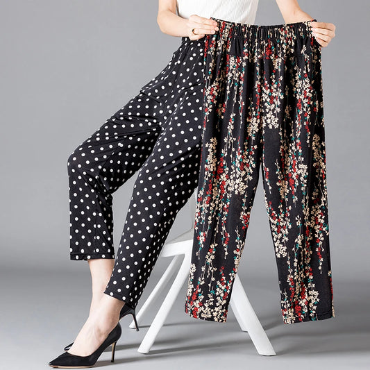 TAMBREET XL-8XL Summer Women Harem Pants Casual High Waist Pants Printed Elastic Waist Middle Aged Women Trousers Summer Bottoms