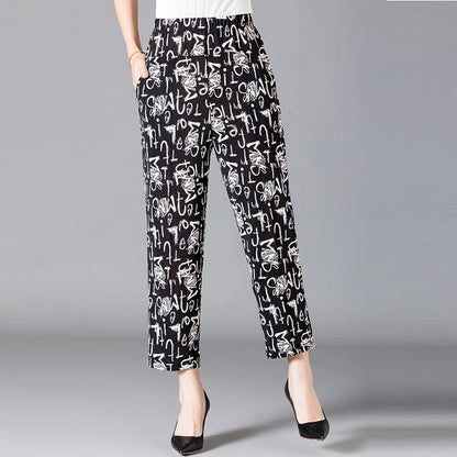 TAMBREET XL-8XL Summer Women Harem Pants Casual High Waist Pants Printed Elastic Waist Middle Aged Women Trousers Summer Bottoms