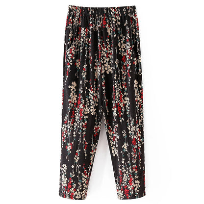 TAMBREET XL-8XL Summer Women Harem Pants Casual High Waist Pants Printed Elastic Waist Middle Aged Women Trousers Summer Bottoms