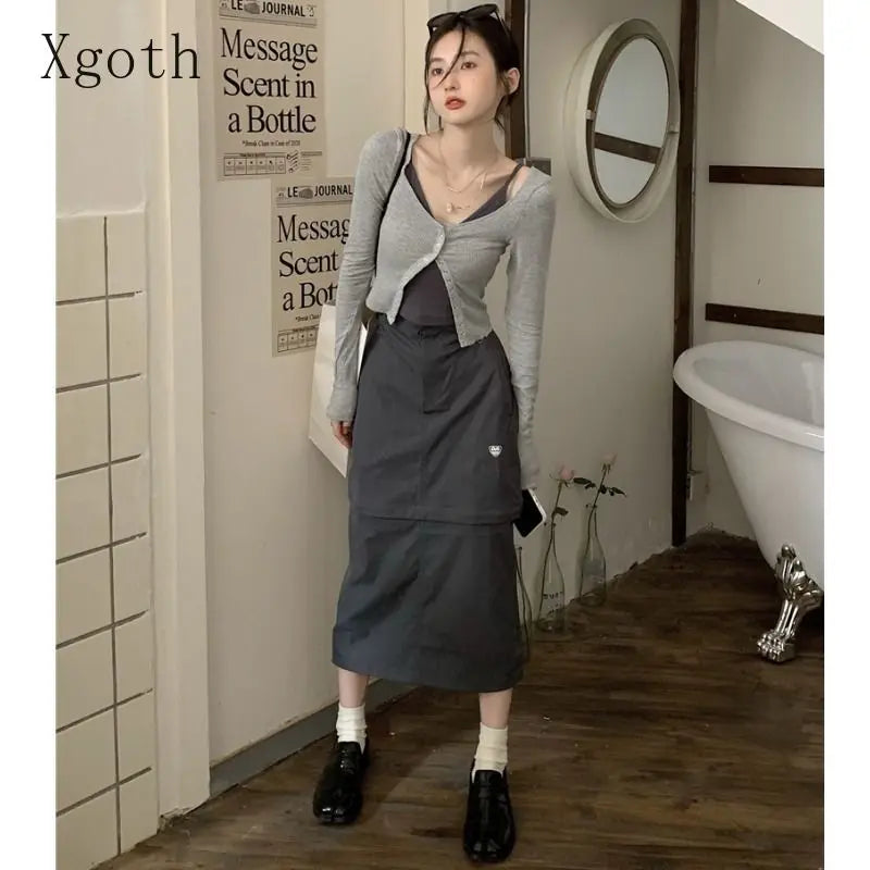 TAMBREET Xgoth Chic Three-piece Suit Korean Retro Skirt Contrast Button Slim Fit Sunscreen Cardigan Bottom Vest Hot Girls Female Outfits