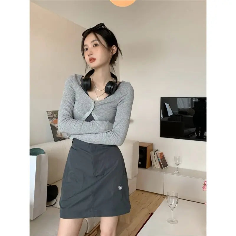 TAMBREET Xgoth Chic Three-piece Suit Korean Retro Skirt Contrast Button Slim Fit Sunscreen Cardigan Bottom Vest Hot Girls Female Outfits