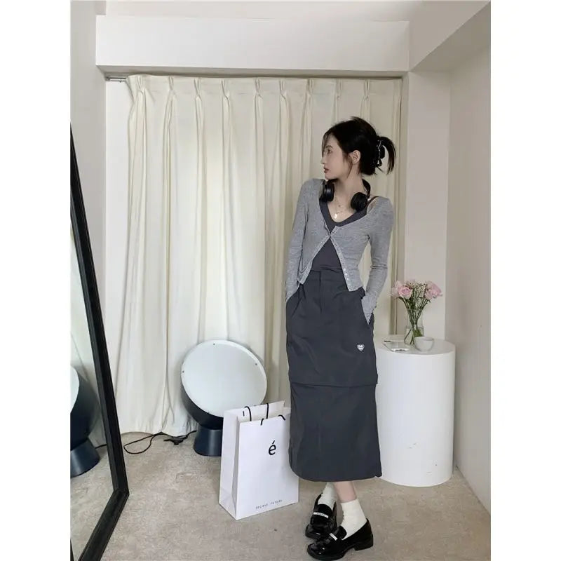 TAMBREET Xgoth Chic Three-piece Suit Korean Retro Skirt Contrast Button Slim Fit Sunscreen Cardigan Bottom Vest Hot Girls Female Outfits