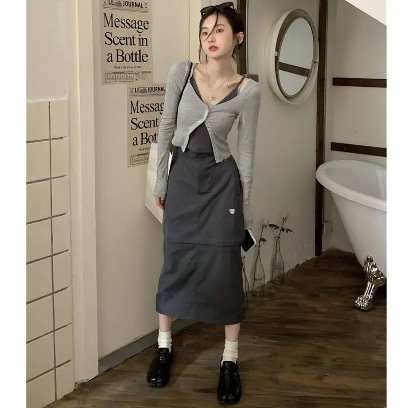 TAMBREET Xgoth Chic Three-piece Suit Korean Retro Skirt Contrast Button Slim Fit Sunscreen Cardigan Bottom Vest Hot Girls Female Outfits