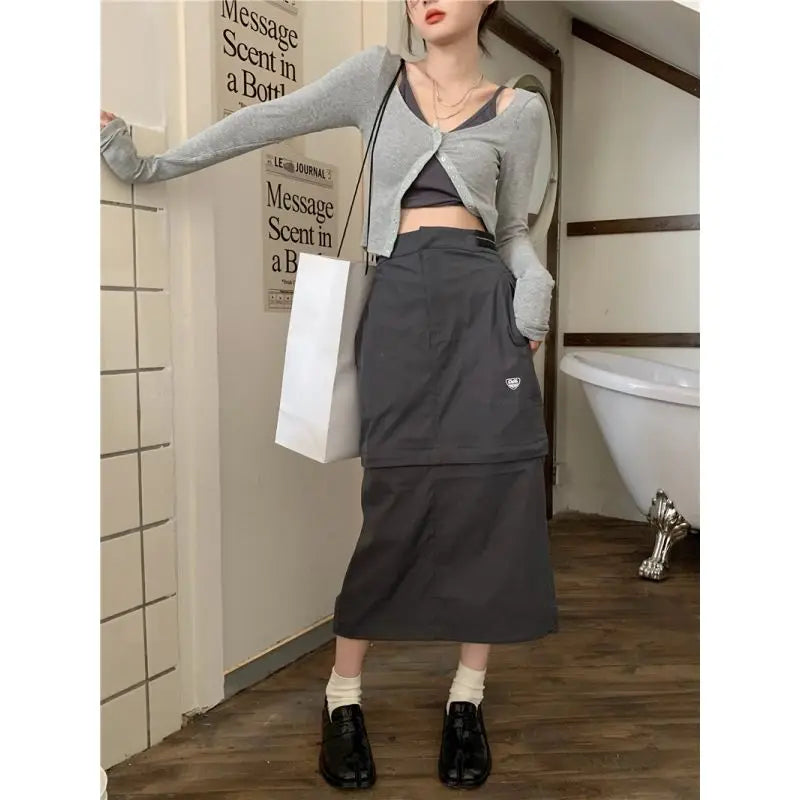 TAMBREET Xgoth Chic Three-piece Suit Korean Retro Skirt Contrast Button Slim Fit Sunscreen Cardigan Bottom Vest Hot Girls Female Outfits