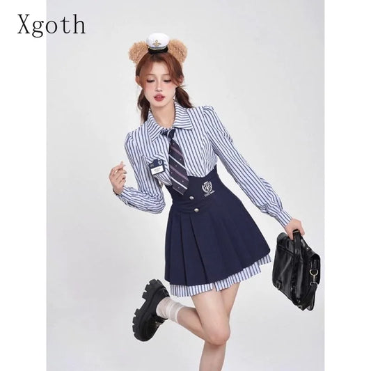 TAMBREET Xgoth Chic Women's Skirt Set Striped Long Sleeve Lapel Casual Shirts Tops A-line Mini Skirts Hot Girls Preppy Female Outfits