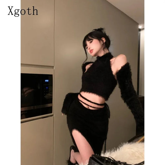 TAMBREET Xgoth Spring Skirt Set Halter Solid Sleeveless Camis Long Sleeve Cape Tops Sweet Hot Girl Slim Fit Short Skirts Three Piece Sets