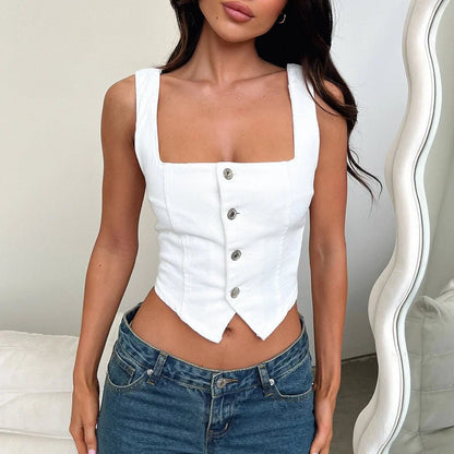 TAMBREET Xingqing Denim Tank Top y2k Clothes Women Solid Color Slim Fit Square Sleeveless Neck Backless Button Down Vest Party Clubwear