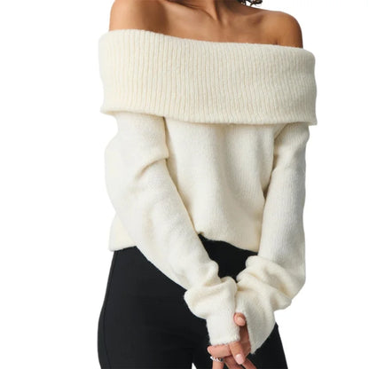 TAMBREET Women Sweaters y2k Clothes Elegant Solid Color Off Shoulder Long Sleeve Pullover Crop Tops 2000s Clothing Streetwear