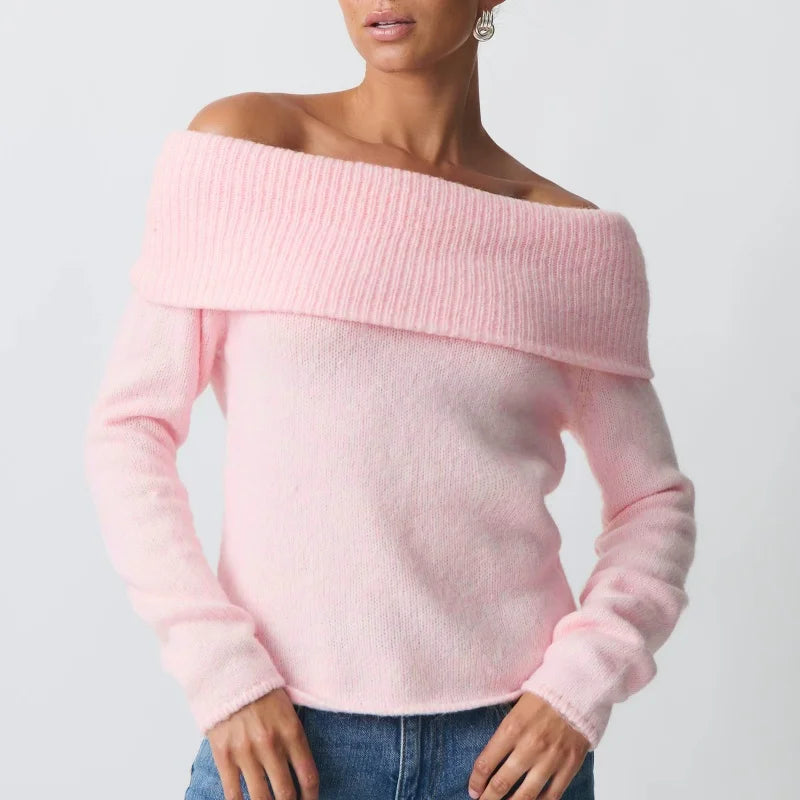 TAMBREET Women Sweaters y2k Clothes Elegant Solid Color Off Shoulder Long Sleeve Pullover Crop Tops 2000s Clothing Streetwear