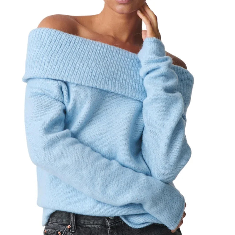 TAMBREET Women Sweaters y2k Clothes Elegant Solid Color Off Shoulder Long Sleeve Pullover Crop Tops 2000s Clothing Streetwear