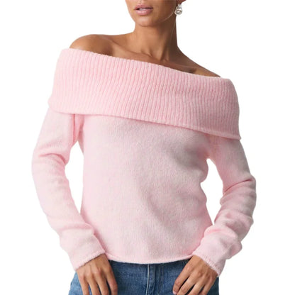 TAMBREET Women Sweaters y2k Clothes Elegant Solid Color Off Shoulder Long Sleeve Pullover Crop Tops 2000s Clothing Streetwear