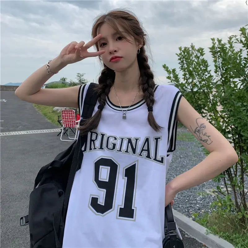 TAMBREET Y2K American Retro Basketball Suit Sports Vest Female Summer European Style Sleeveless T-shirt Spice Girl Sweet Cool Loose Top