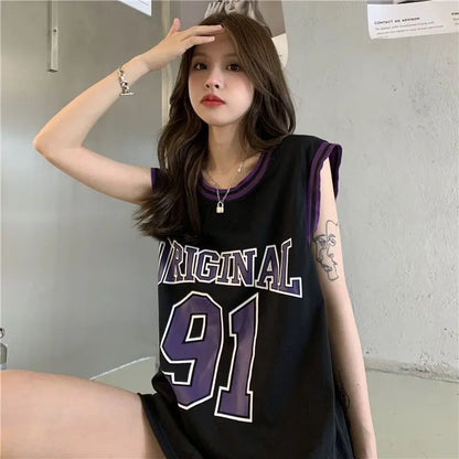 TAMBREET Y2K American Retro Basketball Suit Sports Vest Female Summer European Style Sleeveless T-shirt Spice Girl Sweet Cool Loose Top