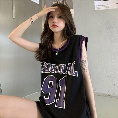 TAMBREET Y2K American Retro Basketball Suit Sports Vest Female Summer European Style Sleeveless T-shirt Spice Girl Sweet Cool Loose Top