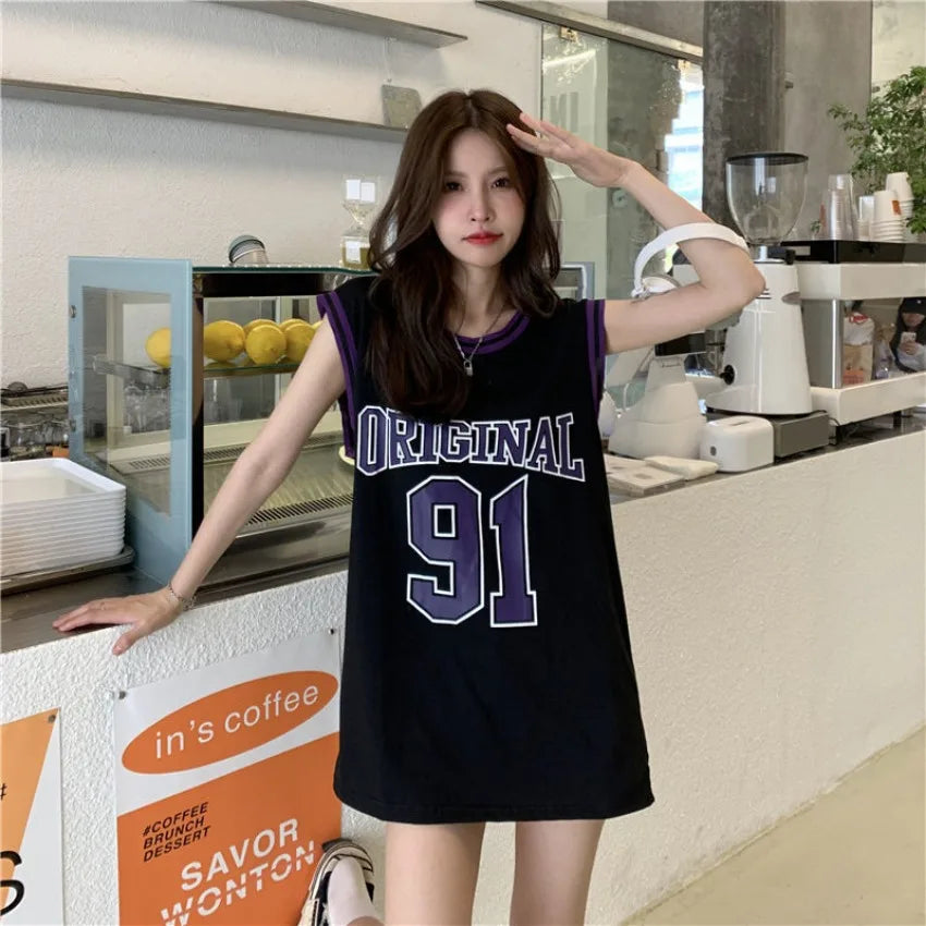 TAMBREET Y2K American Retro Basketball Suit Sports Vest Female Summer European Style Sleeveless T-shirt Spice Girl Sweet Cool Loose Top