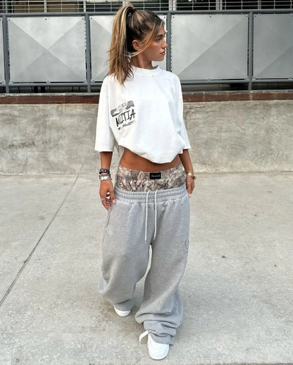 TAMBREET Y2K Fashion Simple Double Waist Casual Pants Women American Retro Fashion Straight Pants Harajuku Hip Hop Y2k Loose Sweatpants