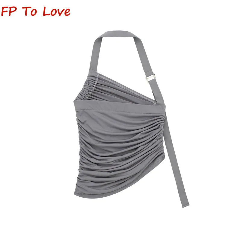 TAMBREET Y2K Halter Cargo Tank Top Lady Summer Sexy Backless Asymmetric Pleated Skinny Grey Camis Women Black Outfit Hot Girls