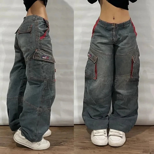 TAMBREET Y2K Harajuku Fashion New Stitching Heavy Industry Multi-pocket Baggy Jeans Women Street Pop Gothic High Waist Wide Leg Trousers