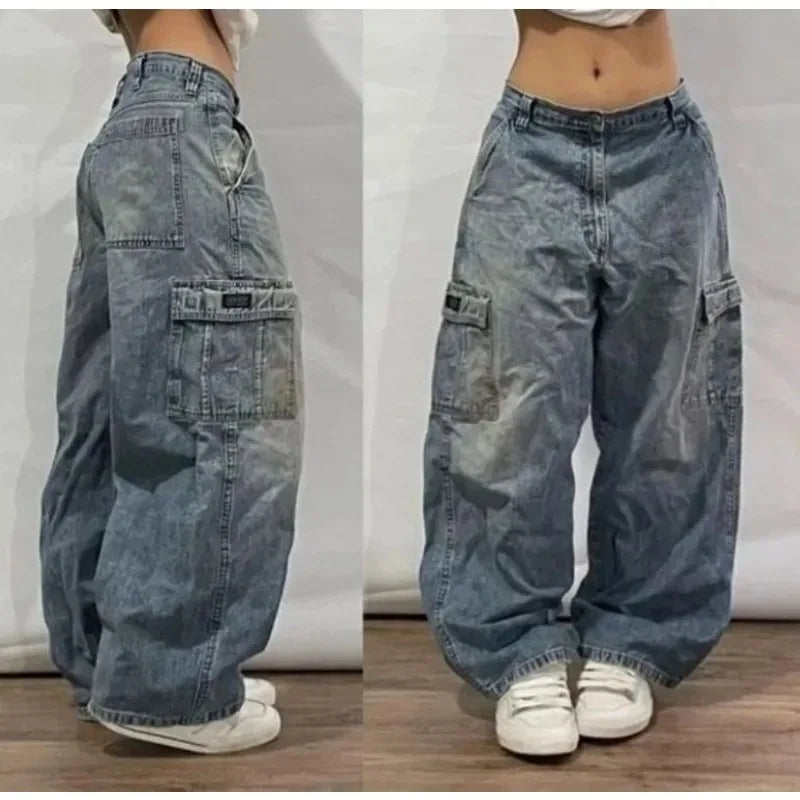 TAMBREET Y2K Harajuku Fashion New Stitching Heavy Industry Multi-pocket Baggy Jeans Women Street Pop Gothic High Waist Wide Leg Trousers