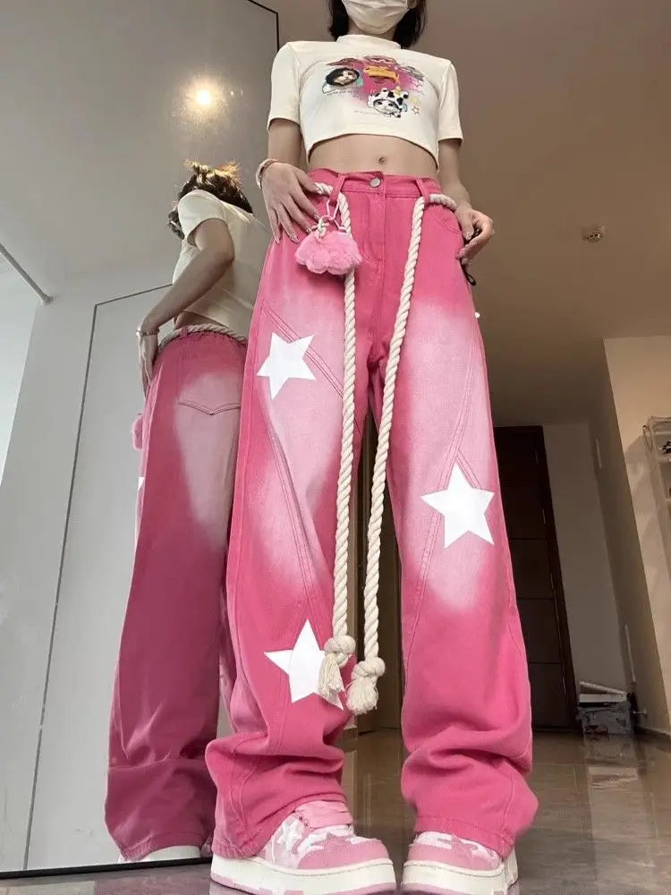 TAMBREET Y2K Straight Jeans Vintage Star Jeans Women Summer New Pink High Waist Loose Wide Leg Pants High Street Korea Fashion