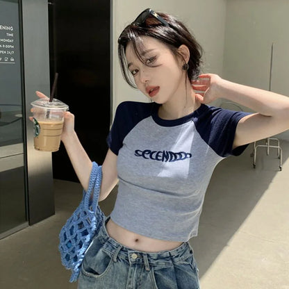 TAMBREET Y2K Women T Shirt Patchwork Letter Slim Fit Crop Tops Streetwear Casual Korean Fashion Short Sleeve Tshirts Bae Female Tees