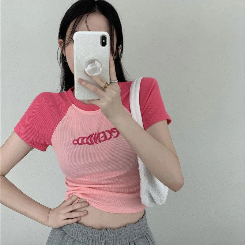 TAMBREET Y2K Women T Shirt Patchwork Letter Slim Fit Crop Tops Streetwear Casual Korean Fashion Short Sleeve Tshirts Bae Female Tees