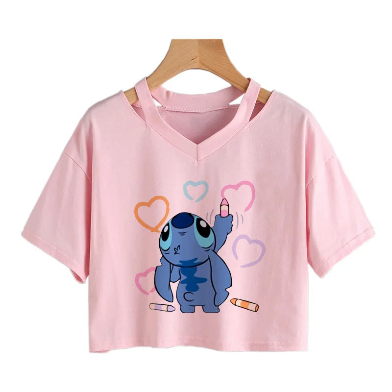 TAMBREET Y2k Disney Kawaii Lilo Stitch Funny Cartoon T Shirt Women Stitch Manga T-shirt Graphic Tshirt Streetwear Crop Top Tees Female