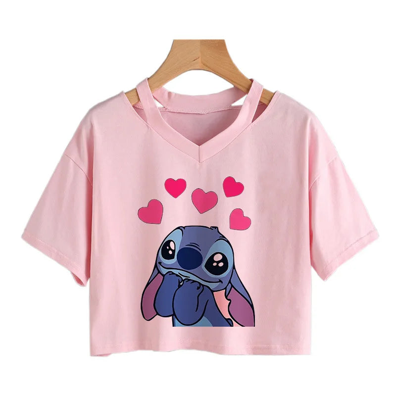 TAMBREET Y2k Disney Kawaii Lilo Stitch Funny Cartoon T Shirt Women Stitch Manga T-shirt Graphic Tshirt Streetwear Crop Top Tees Female